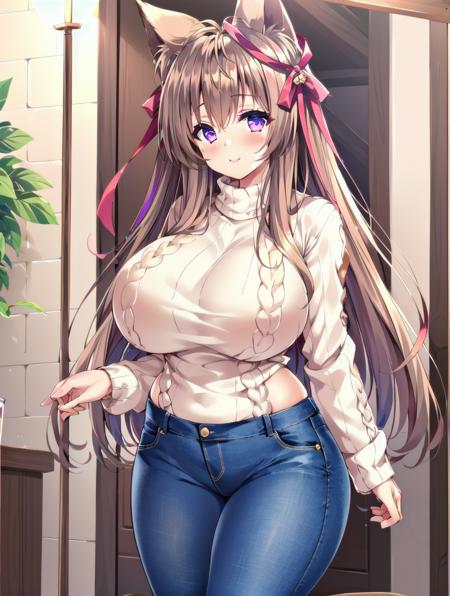 best quality,masterpiece,indoor,light smile,looking at viewer,wide hips,huge breasts,light brown hair|blonde hair,
1girl,solo,long_hair,purple_eyes,red_hakama,breasts,hair_ornament,blush,hair_ribbon,fox ears,animal ears,
(white ribbed sweater:1.2),(jeans:1.3),
<lora:hadanuri2:0.1> <lora:flatBG:0.4> <lora:flat1:0.2> <lora:marugao:0.1> <lora:mylora-bad_pic:-0.5> <lora:tangbohu-breasts_1.2:0.2> <hypernet:LEX:0.2> <lora:WsMan:0.2> <lora:mito_mashiro2.0:0.7><lora:T2:1><lora:ClothingAdjuster2:-0.1> <lora:yunsang1.0:0.4>