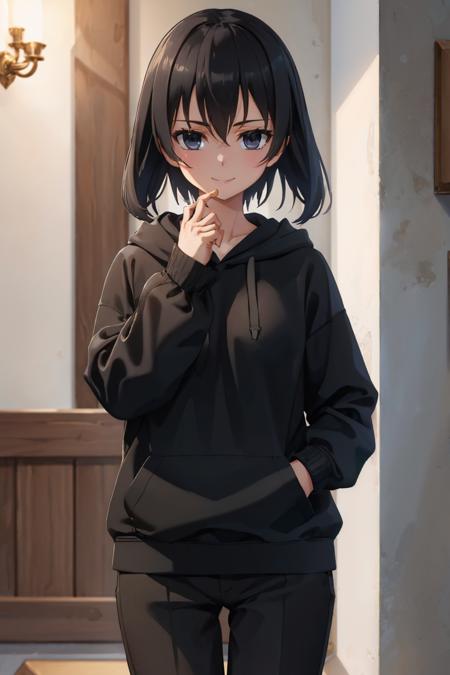 (masterpiece, best quality:1.2), cowboy shot, solo, 1girl, kurome, smile, looking at viewer, hand in pocket, black hoodie, hood up, long sleeves, black pants <lora:agk_kurome:1>