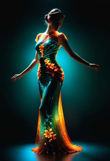 ((flamenco dancer in dramatic pose made of, tiny neon glass filaments, w0gf1l)), subject is wearing a long, flowing firey dress with a floral pattern, dancing in the dark, glowing dress, ((dramatic pose:1.2)), (the skirt of the dress is full and flows behind her, creating a sense of movement and energy), the lady is looking down at the ground with a focused expression on her face, overall mood of the image is dramatic and elegant, dark, score_10 , score_9_up, score_8_up, score_7_up , score_6_up, vibrant colors, shiny_skin , prefect lighting, detailed image, snoozing , masterpiece, best quality , highly detailed , ultra quality , dark, chiaroscuro, low-key