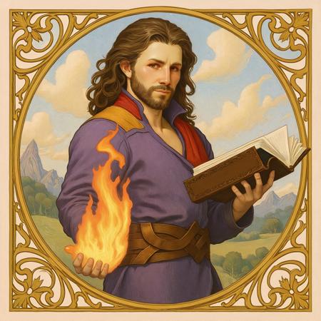 Gale, Baldur's Gate 3, Baldurs Gate 3, long brown haired mage casting fire spell, fire, glowing spell, magic,  purple cloth robe, beard, serious expression, detailed eyes,
art nouveau style, Alphonse Mucha Style, ArsMJStyle, Art Nouveau, AlfMch, style of Alphonse Mucha,
best quality, ultra-detailed,