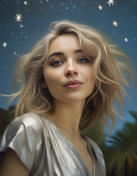 SabrinaCarpenter, art by Dorothea Sharp, portrait, Hopeless,close up of a Middle Aged Hellenistic Girl, fashion modeling pose, from inside of a Zoo, Silver water, Stars in the sky, equirectangular 360, 50s Art, 35mm, arthouse, <lora:SabrinaCarpenterSDXL:1>