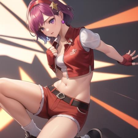 (masterpiece, best quality:1.2),illustration,8k,hd,1girl,solo,Proximity,breasts,purple eyes,fingerless gloves,purple hair,short hair,red hairband,earrings,hair ornament,star hair ornament,sash,vest,shoes,red shorts,cropped shirt,zipper,midriff,navel,crop top,<lora:Asamiya Athena-99:0.6>,