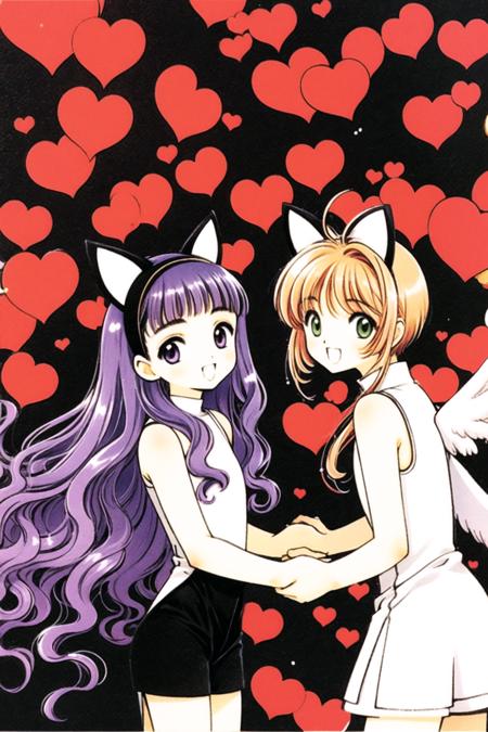 daidouji tomoyo,  animal ears, 2girls, cat ears, kinomoto sakura, 1990s (style), long hair, smile, wavy hair, bangs, wings, green eyes, heart, white background, dress, retro artstyle, short hair, looking at viewer, blunt bangs, open mouth, holding hands, fake animal ears, brown hair, black dress, simple background, hairband, shorts, cowboy shot, sleeveless, :d, antenna hair, purple eyes, leaning forward, purple hair, white wings, bare shoulders, sleeveless dress, short dress, black shorts, standing, from side, bare arms,  <lora:Card Captor Sakura:0.8>