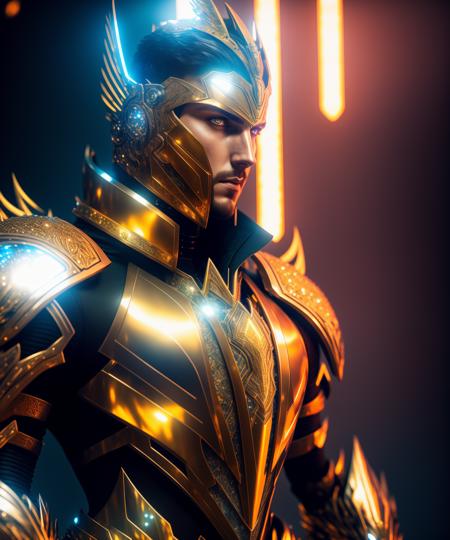 A (full body:1.3) shot at 8k resolution, splash art, fantastic comic book style, photorealistic, intense look, anatomical photorealistic digital painting portrait of a (cyborg mage:1.3) male human (warrior:1.3) in chrome and gold intricate (futuristic armor:1.3) in a (dark and moody universe:1.3), light particle, very detailed skin, blonde hair, very detailed eyes, (elden ring style:1.3), (warhammer style:1.1), concept artist, global illumination, depth of field, splash art, art by artgerm and greg rutkowski and viktoria gavrilenko, , 8k uhd, dslr, soft lighting, high quality, film grain, Fujifilm XT3, hypermaximalist