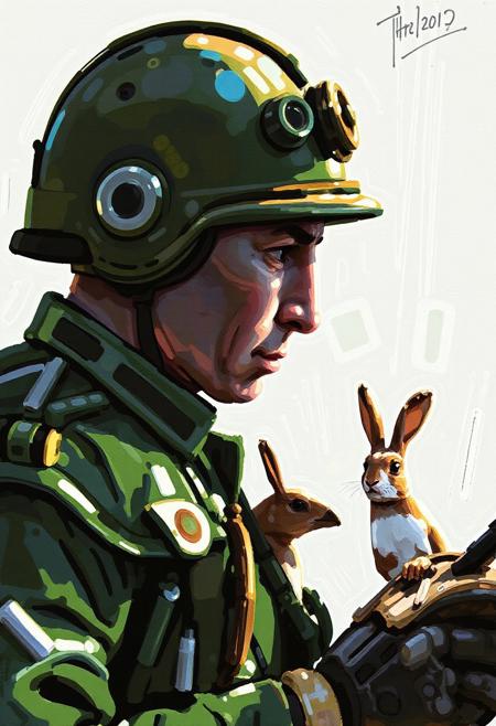 round brush drawing, intensifying made of tortoise in a derisive, misconceives, churning butter, late afternoon, with a military 50s helmet, with tank parts in his shell fighting in WWII with birds with plane parts, rabbits with train parts and moles with scavenger parts