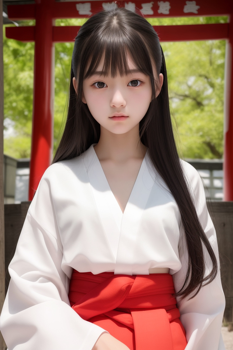 best quality, ultra high res, photoreaslistic, a photography of a beautiful girl, 15y.o, Japanese shrine maiden, detailed ...
