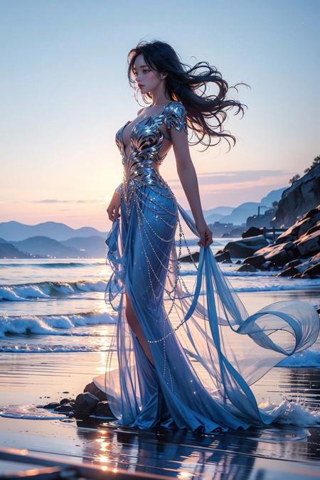 masterpiece,best quality,realistic, 4k, 1girl, glowing, solo, long hair, dress, blue hair, standing, outdoors, sky, water, see-through,floating hair, blue dress, scenery, starry sky, blue theme, skirt hold, outdoors, sunset, road, mountain