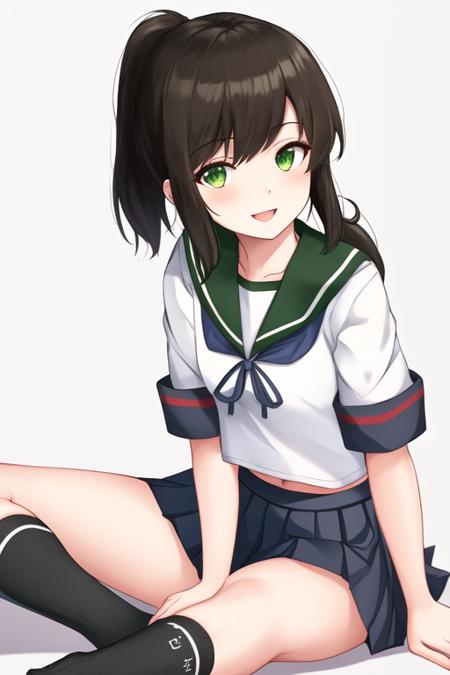 masterpiece, best quality, highres, solo, {fubuki_kantaicollection:1.10}, black_hair, ponytail, short_ponytail, serafuku, sidelocks, low_ponytail, green_eyes, smile, open_mouth, 1girl, black_socks, kneehighs, pleated_skirt, sailor_collar, school_uniform, skirt, socks, white_background, looking_at_viewer, short_sleeves, simple_background, sitting, full_body, blue_skirt, midriff_peek