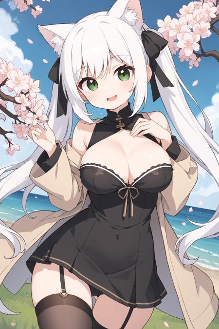 best quality, cherry blossom tree, daytime, a pretty girl, brown jacket, light blue one-piece dress, zettai ryouiki, cat ears, Black garter belt, White ribon, looking at viewer, beautiful white hair, half up pigtails, beautiful green eyes, happy, open mouth, large breasts, cleavage, thigh gap