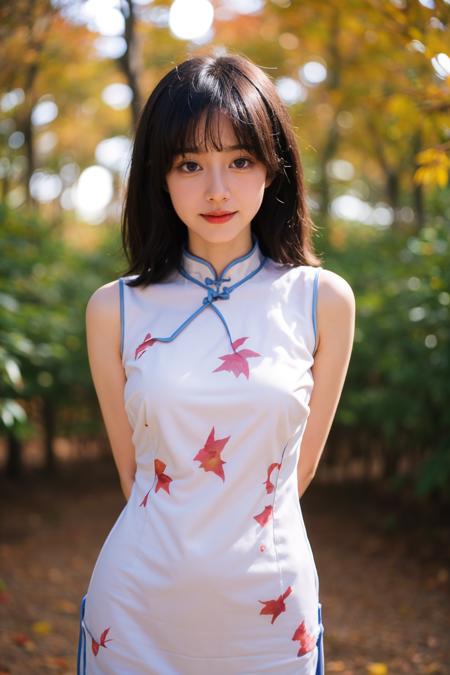 1girl,pale_skin,plump,round face,black hair,bangs,makeup,(sexy cheongsam print:1.3),(looking_at_viewer:1.3),(front view:1.3),(cowboy_shot:1.4),(arms_behind_back:1.3),(artbook:1.2),(autumn maple forest:1.3),(very few fallen leaves),(path),park,close-up,depth of field,(face_focus:1.2),(lens_flare:1.2),