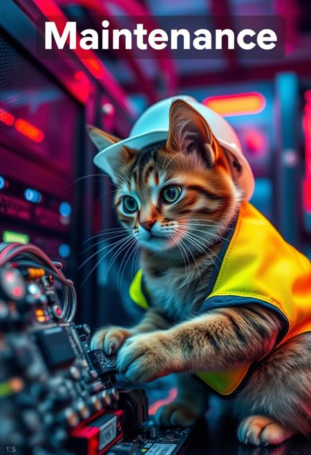 A small cat with a hard hat and high visibility vest is repairing a circuit board, the cat has a serious look in its eyes, background shows a server room with a red emergency lighting only, red ambient lighting, emergency lighting, (Text sign top of image saying "Maintenance":1.5).