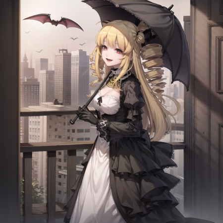 elisabeth a drawing of an anime character dressed in black sitting on a floor, 1girl, solo, blonde hair, crossed legs, drill hair, red eyes, wine, dress, sitting, smille, a beautiful blonde woman dressed in black holding umbrella in her hand, 1girl, blonde hair, dress, bat (animal), red eyes, umbrella, vampire, solo, gloves, drill hair, long hair, black dress, black umbrella, outdoors, city background,