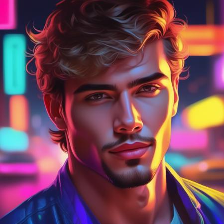 an image picture of a handsome young man, colorful, <lora:NeonifyV2-000001:0.75> | Neon Realism