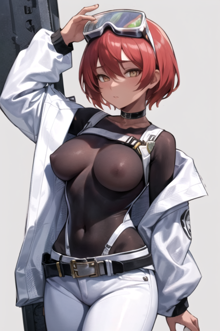 HammeringNikke, 1girl, solo, short hair, large breasts, long sleeves, hair between eyes, brown eyes, white jacket, red hair, choker, black belt, white pants, open jacket, orange eyes, black bodysuit, skin tight, goggles on head, black belt