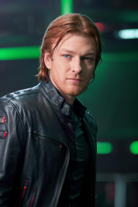 a young man, <lora:s34nb3an:1>, (shoulder length red hair), cyborg, half machine, (villainous man in leather jacket), ominous green lighting, rainy city, tech city, midnight in the city, bokeh, upper body, cinematic lighting, cyberpunk, RAW, 8K, UHD, highly detailed face, (candid:1.2, amateur:1.1), cinematic color grading,m(smiling)