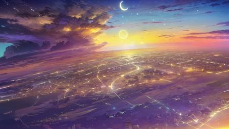 masterpiece,muddymelly, outdoors, skyline, city, neon, neon lights, scenery, from above, moon, crescent moon, no humans, skyscraper, streets, building, 
<lora:muddymelly-44:.8>