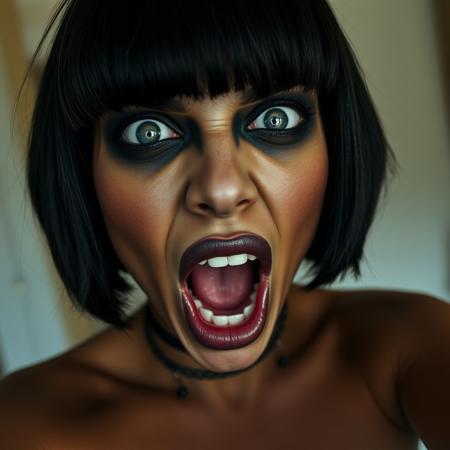 Amateur photography selfie of a female with open mouth wide, 20year, short bob haircut, black eye makeup, very dark skin, pale face paint, hoop earrings, (titties:0.2), choker, angry, wide eyes, ultra high quality, very detailed and photorealistic, face focus, very detailed skin, detailed skin, realistic skin, acne, skin pores, photographic, photography, photograph, skin pores, excessive lip filler, huge tits, cleavage, huge eyes, piercing, goth lipstick (skin pores:0.5)