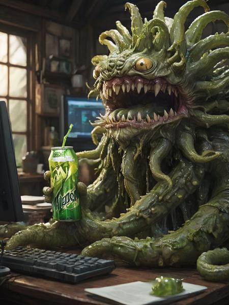 a calm and zen morbol trying to figure out how the pc works while drinking a can of mountain-dew, the computer is covered in tentacles and slime,  in composition, monster focus, <lora:- SDXL -_ff_morbol_V1.0:.8>