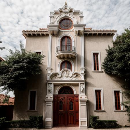 RAW photo, exterior house in baroque architectural style, (high detailed skin:1.2), 8k uhd, dslr, soft lighting, high quality, film grain, Fujifilm XT3