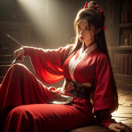 Fighting using a needle and thread <lora:Dongfang_Pubai:0.7> red Hanfu
