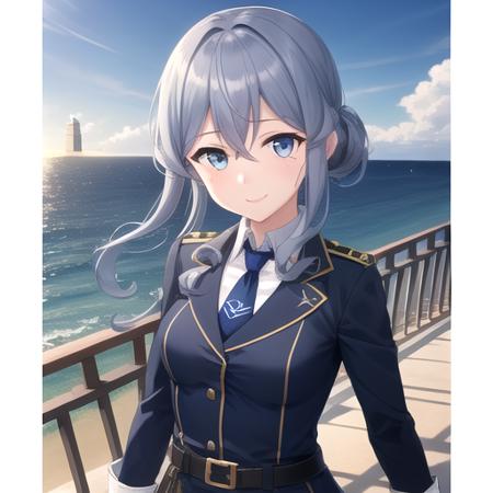 ((masterpiece)),(best quality),official art,extremely detailed CG,unity 8k wallpaper,ultra detailed,A lighthouse on a cliff by the sea,1girl,solo,upper body,(portrait:1.2),half_gloves,mole_under_eye,blue_hair,long_hair,military_uniform,blue_eyes,white_gloves,single_hair_bun,blue_skirt,blue_sailor_collar,black_necktie,collared_shirt,medium breasts,long_sleeves,hair_between_eyes,thigh_strap,rudder_footwear,looking_at_viewer,smile,black_neckerchief,blue_thighhighs,belt,<lora:Gotland(kan)>,