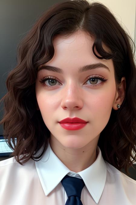 photo of a woman, bventi:0.99,((beautiful black hair, short hair)) ((necktie, white shirt, skirt):1.2), ((closeup, portrait):1.2),((whiteboard, conference room):1.2),((red lipstick,heavy eyeliner, heavy eye shadow, blush):1.2), ((best quality, masterpiece, extreme details, high resolution):1.2),((detailed eyes, beautiful eyes, detailed face, beautiful face):1.2)