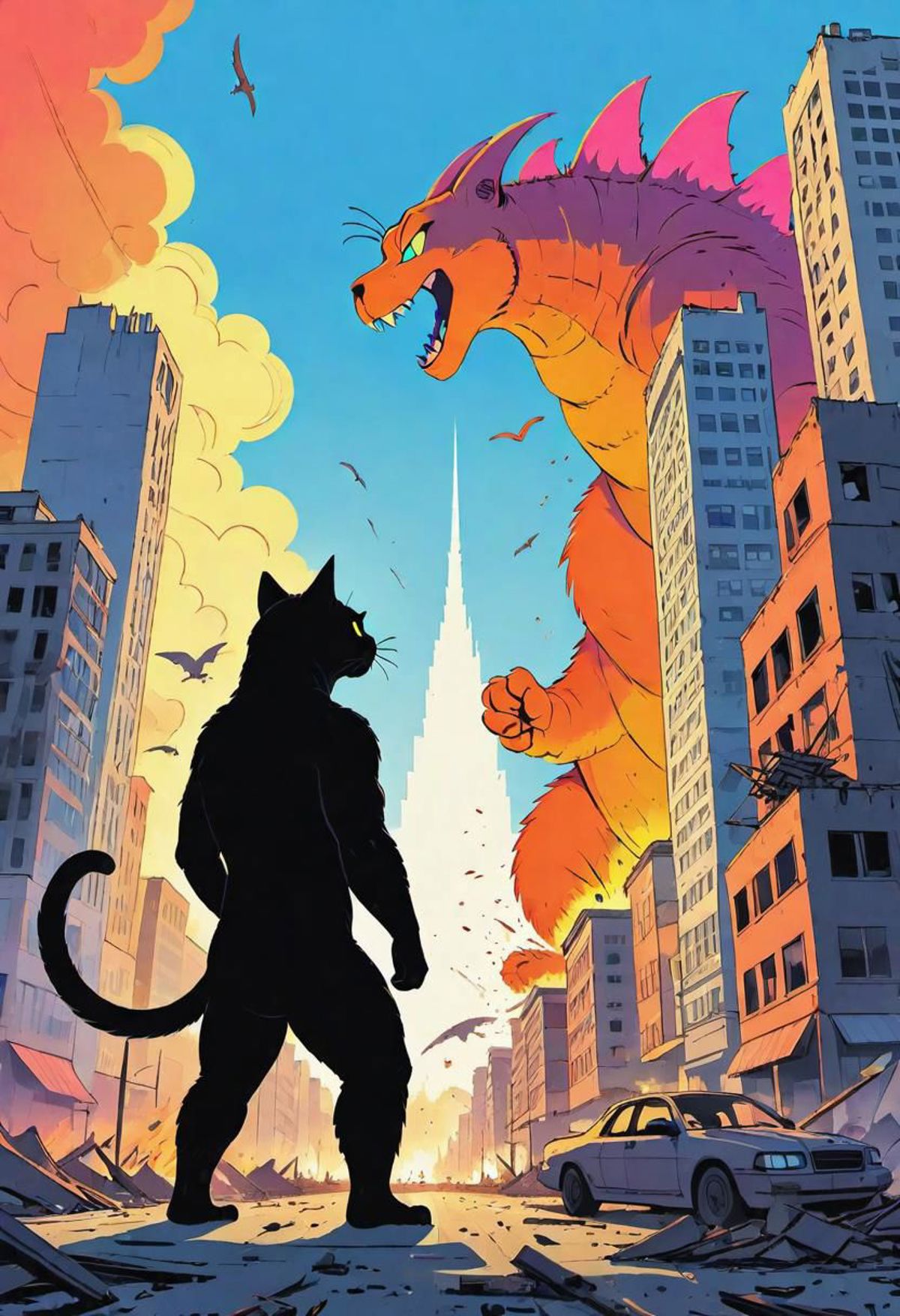 A comic book cover featuring a cat and a giant monster.