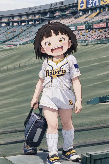 <lora:2023Vhirame:0.9>,hirame,looking_at_viewer,:d,<lora:KoshienstadiumV2:0.9>,koshienstadium,scenery,outdoors,grass,night,too many,crowd,yellow sportswear,real world location,baseball stadium,upper_teeth,