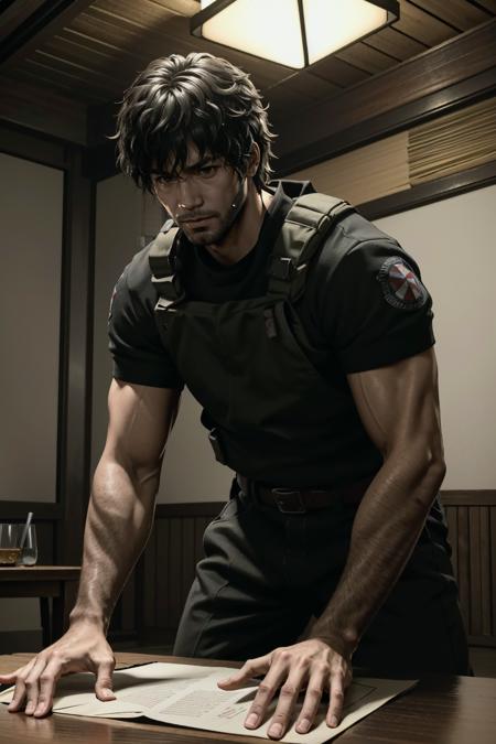 ((ultra detailed, masterpiece, best quality))
 <lora:RE3Carlos:0.8>
RE3Carlos, 1boy, solo, brown eyes, Within a traditional tatami room, sleek yakuza attire, low table with a spilled glass of whiskey, engaged in an intense conversation