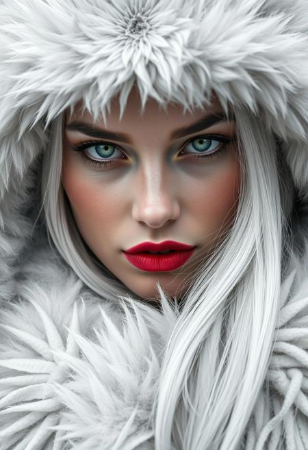 HDR black and whie portrait of Beautiful Viking woman with long white hair and green eyes wearing white fur and red lipstick