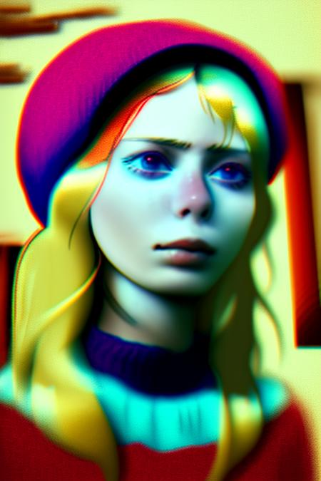 glitch,a portrait of a blonde girl with blue cap and blue shirt