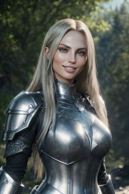 photo of S109_AnetMlcakova, a beautiful woman, in (wilderness:1.2), wearing an (armor:1.2), (smiling:1.1), (8k, RAW photo, best quality, depth of field, ultra high res:1.2), (absurdres, intricate, photorealistic, masterpiece, ultra-detailed, Unreal Engine:1.3)