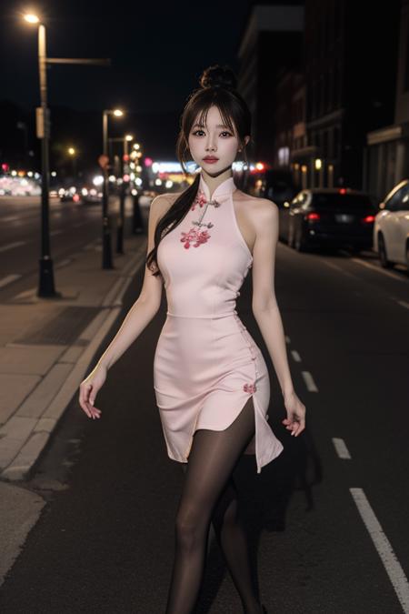 ltra-detailed,highly detailed,best quality,masterpiece,illustration,realistic,
ydwhqp,qipao, 1girl, solo,
pink dress,pantyhose, 
hair bun, parted bangs,
looking at viewer, walking,cowboy shot, 
outdoors,night,cityscape, street, 
 <lora:ydwhqp qipao_v1_01:0.7>