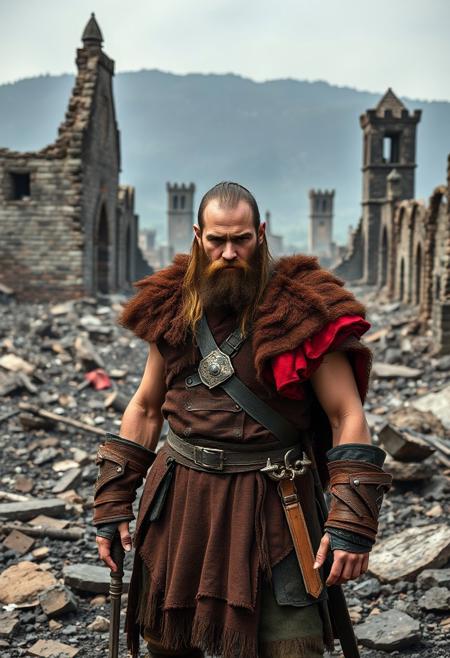 A portrait of a barbarian male warrior standing amidst the ruins of a once-great village, now reduced to ashes and rubble