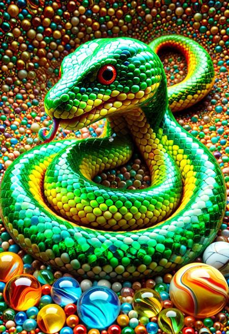 (((reality-shot, realism, realistic photography of a slithering snake morphed into marbles, scales overlapping like tiny interlocked glass orbs, forked tongue flickering between sharp refractive edges, coiled body glistening with prismatic sheen, reptilian art style, emerald-crystal theme, intricate details, ultra sharp, exquisite detail, flawless composition, vivid colors, masterpiece, hypnotic danger lora:marbles_world:1 )))