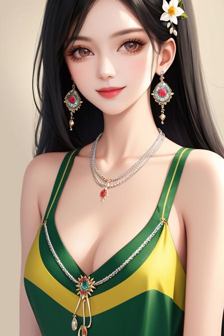 1girl, black hair, closed mouth, earrings, flower, hair ornament, jewelry, long hair, looking at viewer, necklace, portrait, smile, solo, upper body,(shiny skin),(masterpiece:1.4),(best quality:1.4)