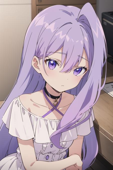 Silk, 1girl, solo, purple eyes, purple hair, collarbone, (single_hair_intake:1.2), hair between eyes, puffy short sleeves, white dress, black choker, long hair, <lora:Silk:0.6>, full body