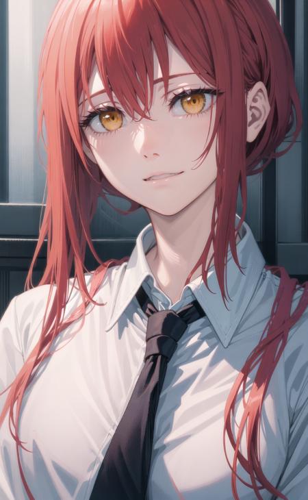 looking at viewer, 1girl, makima \(chainsaw man\), good anatomy, close up, upper body portrait, red hair, yellow eyes, ringed eyes, collared shirt, black necktie