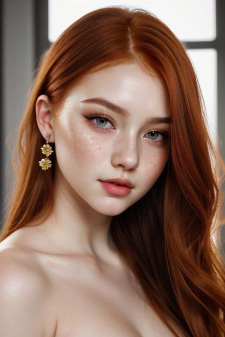 (((ginger hair))):1.2, 1girl inspired by vampire MYTHS, long hair, blue eyes, beautiful, gorgeous, pale hair, detailed background, RAW photo, subject, 8k, soft lighting, high quality, film grain, Fujifilm  ,best quality, masterpiece, ultra-detailed, Photorealism, realistic, A beautiful portrait of a cute girl's face, perfect facial ratios, perfect facial features, chubby full cheeks, blush on cheeks, red flush on cheeks, all attention given to the face, emphasizes on the cute cheeks, Soft and smooth skin texture, shiny skin, flawless complexion, shiny green eyes, eyelashes, natural eyebrows, rosy lips, cute small nose, cute face shape, warm and inviting smile, natural lighting, gentle shadows, detailed hair strands, black silky hair, hair on the sides framing the face, glossy highlights on the hair, rich and vibrant colors, vibrant and warm background, complementary colors to enhance the girl's features, captivating expression, engaging eyes, intricate details on eyelids and lashes, flawless complexion,mild freckles Life-like textures, minute details, every aspect of the face made clear and visible, picture fills the canvas, (shiny skin),