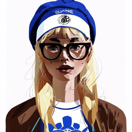 A blonde girl wearing glasses a t shirt and a blue beanie, in the AlbertoMielgo style <lora:AlbertoMielgo_style2_SDXL:1>, blue and white,xiaofei yue, chromepunk, ferrania p30, social media portraiture