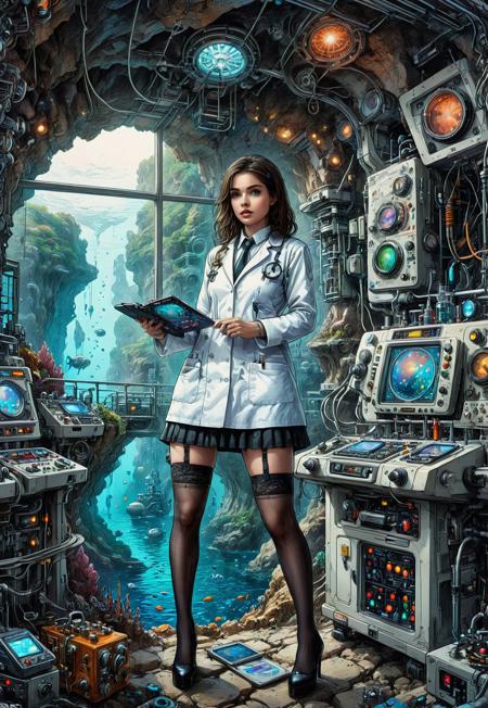ink art, line art. High quality, colourful, fantasy artwork poster. a large rectangular window is set into the wall of a large cave  revealing a panoramic underwater scene. A female technician in a short white lab coat, black mini skirt and stockings is standing, holding a clip board in front of an array of scientific equipment with monitors and instrument panels.