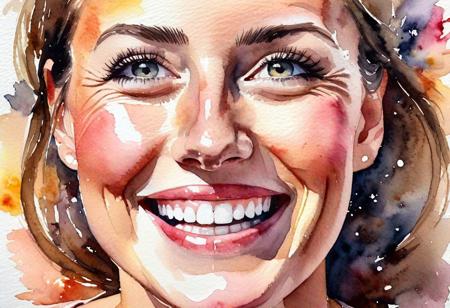 watercolor painting, closeup of a face of a happy satisfeid woman with a thankful smile, sweaty, exhausted, post orgasmic, exhausted after hard work, proud