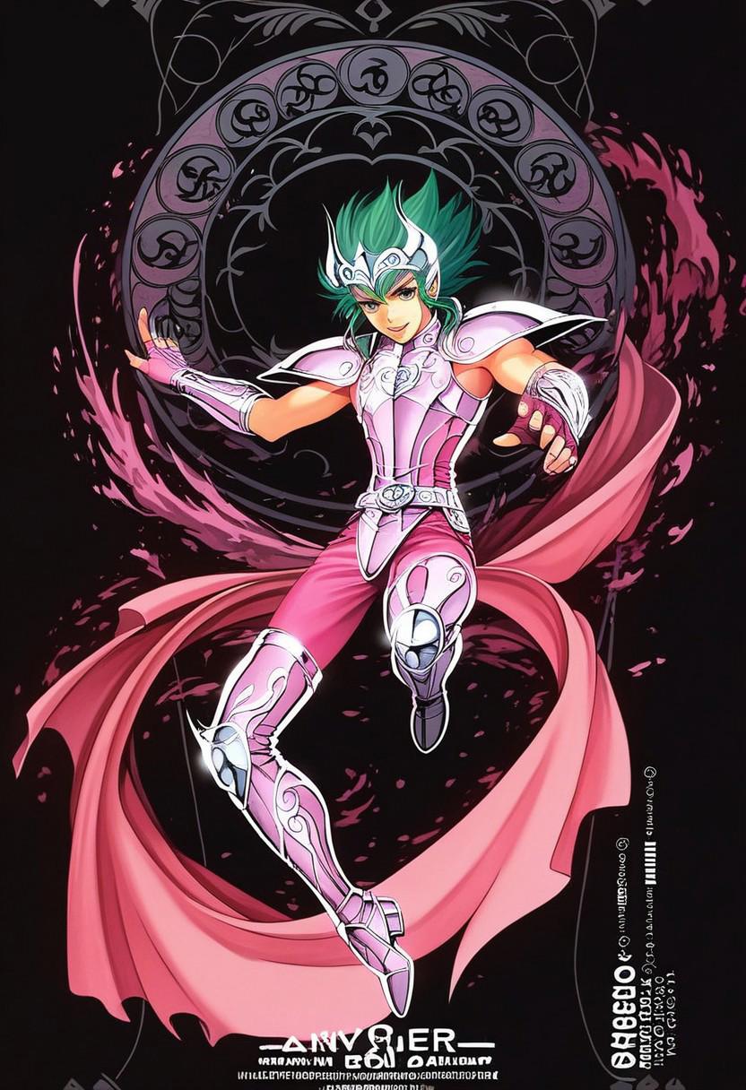 score_9, score_8_up, score_7_up, source_anime, masterpiece, best quality, 1boy, solo, andromeda shun, anshun, slim, pink sleeveless armor, long wavy green hair, pink helmet with two prongs and silver accents, pink vambraces, large pink pauldrons, fingerless pink gloves, pink thighhigh greaves, green pants, pink boots, stylized belt buckle with silver and pink accents, andromeda (symbol), black background, demoniac, dark, chiaroscuro, low-key, dynamic pose