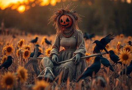 captivating female scarecrow figure in an autumnal field, aged burlap and straw body, patchwork dress, pumpkin mask face, sits among sunflowers, corn, and roots, surrounded by crows, with an old rake beside her, wearing worn gloves, and barefoot in the golden fields under a blazing sunset. Macro photography. Dreamlike, eerie bio-luminescence, dark wispy foliage, fantastical bone and feather embellishments, delicate textures, warm golden light, cool, desaturated colors.regexpaccess tamp Post-Apocalyptic       Dark fantasy art Enchanted realism Surrealism Intricate, detailed, large-scale sculpture Mesmerizing, ornate,
 Add a few glowing embers or sparks floating in the air around the figure, as if some unseen force or fire is burning in the distance, adding to the sense of dark magic or ritual.