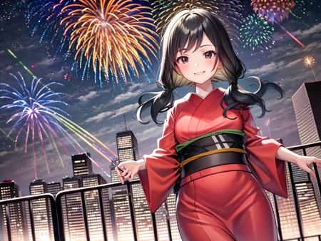 masterpiece, best quality, 1girl, solo, <lora:hin-5:1>, twintails, little smile, kimono, night, fireworks sky, the roof of a building, dynamic angle, city, fantastic sky,