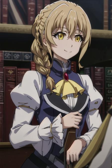 best quality, masterpiece, highres, solo, {guild_girl_goblinslayer:1.15}, blonde_hair, braid, yellow_eyes, long_hair, ascot, hair_between_eyes, smile, anime_coloring, 1girl, long_sleeves, puffy_sleeves, indoors, brooch, quill