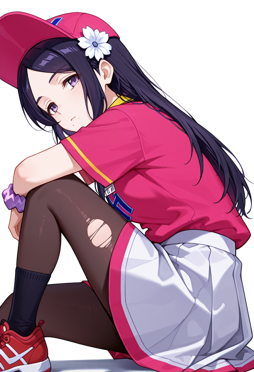 A woman with dark hair, adorned with a white flower, and purple eyes. She wears a uniform consisting of a pink athletic shirt with yellow accents and blue lettering, a white pleated skirt with pink trim, dark sheer tights with a rip on the left thigh and red athletic shoes. A purple scrunchie is on her left wrist, and she wears a matching pink baseball cap. She is in a seated position, leaning forward with an elbow on a raised knee, looking towards the viewer. 