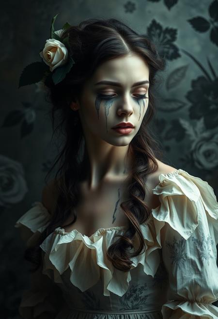 A dreamlike portrait of a woman with tears turning into ink, staining her paper dress
ethereal storytelling, melancholic beauty, dark romanticism, elaborate costumes, emotional surrealism, dreamlike atmosphere, fine art photography style, poetic symbolism, nature-infused imagery, delicate textures, rich color palette, theatrical composition, introspective themes