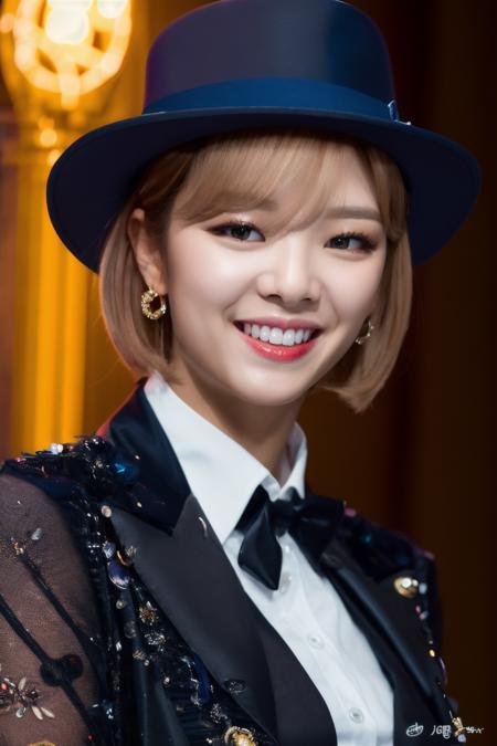 <lora:Jeongyeon_BRA:1>, (a picture of Jeongyeon, magician, magician hat, magician wand, tuxedo, spotlight, stage, smile), (detailed lighting, extremely detailed skin, extremely detailed hair, shadows, 8k), looking at viewer, (High Key Lighting), masterpiece, top quality, best quality, official art, unity 8k wallpaper, highres, ultra-high res, ultra-detailed, beautiful and aesthetic