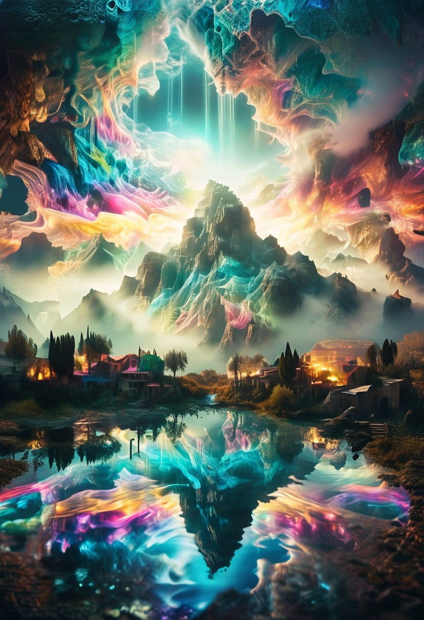 (by Ellen Jewett:1.5), (Bioluminescent Impressionism, Egyptian landscape, The Dreamland,, their peaks veiled in mist. mixed media, surrealism, great lighting, A surreal landscape highly detailed . extremely high-resolution details,  appears trapped in an optical illusion of reflections and refractions colorful , mountains and village in Turkey, professional photography, natural lighting, volumetric lighting maximalist. intricately detailed, complex, elegant, expansive, fantastical, waterfall, ethereal landscapes, depth of field, biotech emotion:1.3) <lora:xl_more_art-full_v1:0.5> <lora:add-detail-xl:1> <lora:RMSDXL_Creative:2>. GhostlyStyle